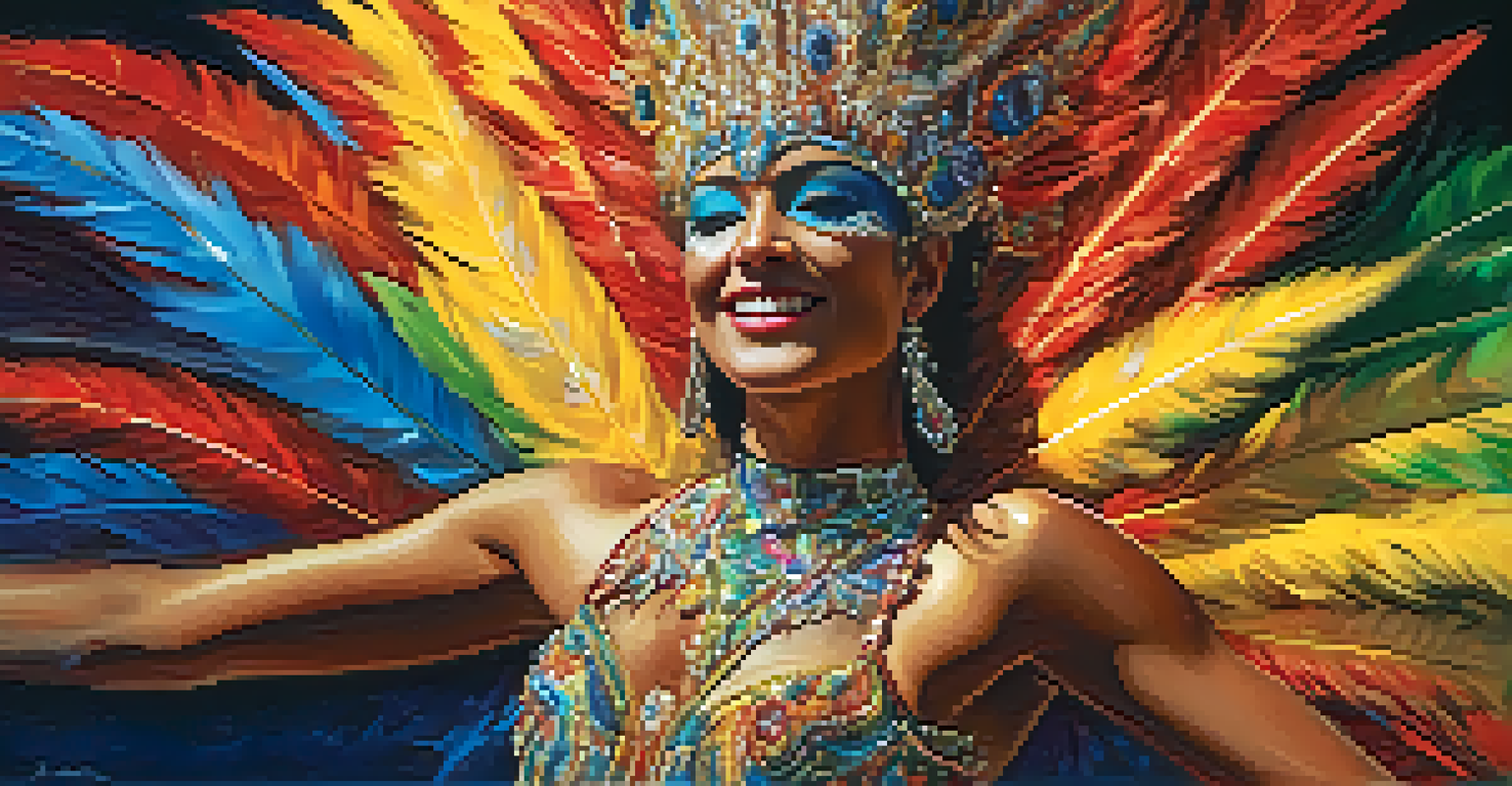 A close-up portrait of a Carnival dancer in a colorful feathered costume, captured in motion with soft lighting enhancing the details.
