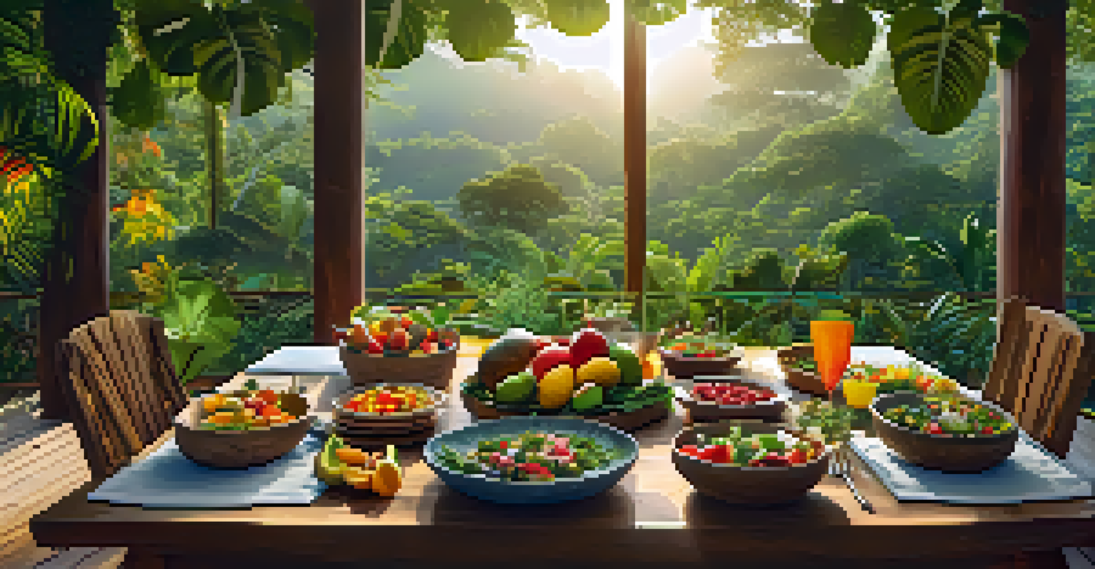 A wooden table filled with healthy meals and tropical fruits in a lush garden setting.