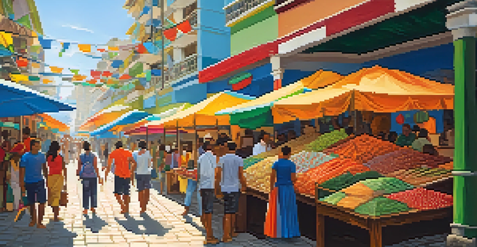 A lively street market in Rio de Janeiro, bustling with vendors and colorful crafts, under a clear blue sky.