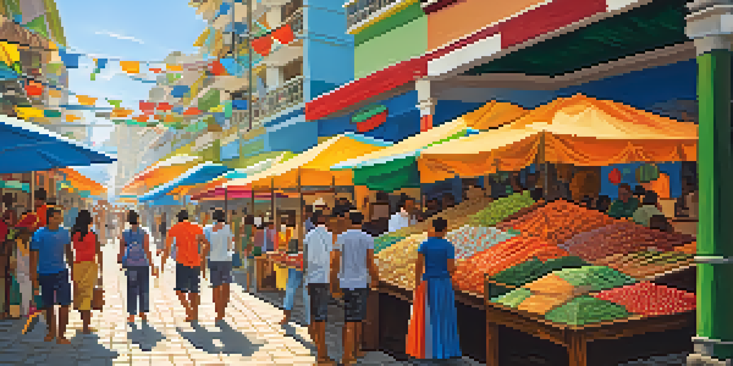 A lively street market in Rio de Janeiro, bustling with vendors and colorful crafts, under a clear blue sky.