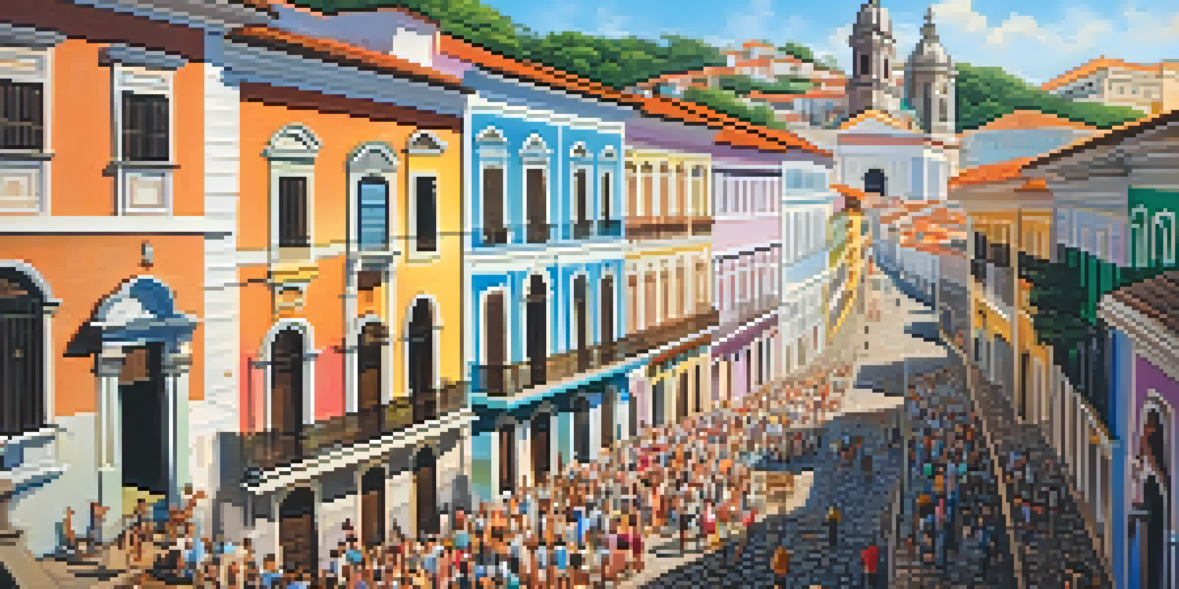 A lively street scene in Pelourinho, Salvador, featuring colorful buildings, cobblestone streets, and the São Francisco Church in the background.