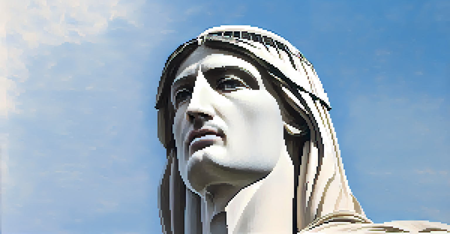 A close-up view of the face of Christ the Redeemer statue, showcasing its serene expression and textured stone against a blue sky.
