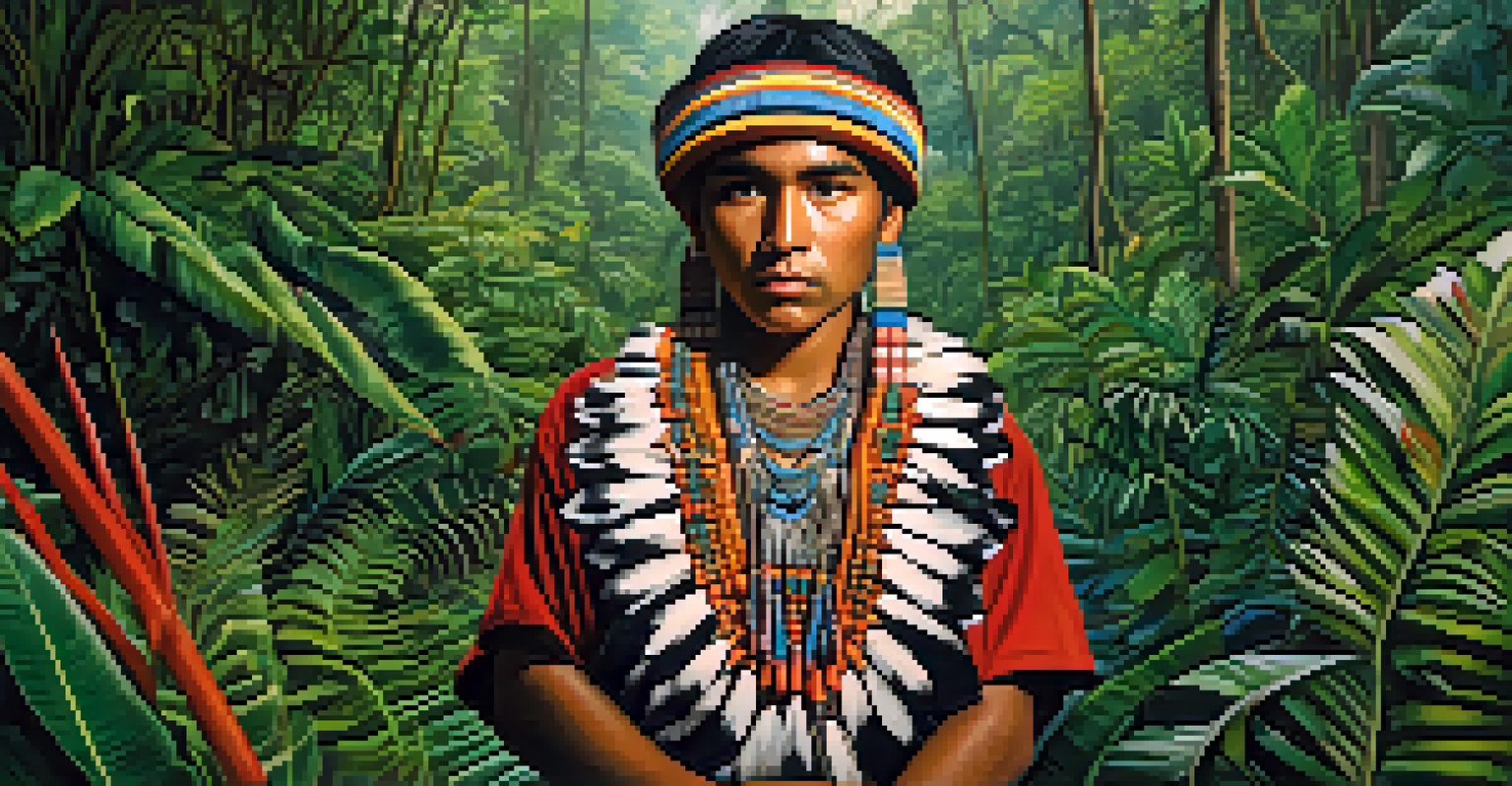An indigenous person in traditional clothing, surrounded by the rich biodiversity of the Amazon rainforest, holding a handmade craft.