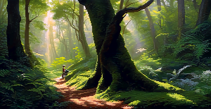 A peaceful forest in Brazil with a person meditating on a mossy patch surrounded by tall trees and colorful flowers, sunlight filtering through the leaves.