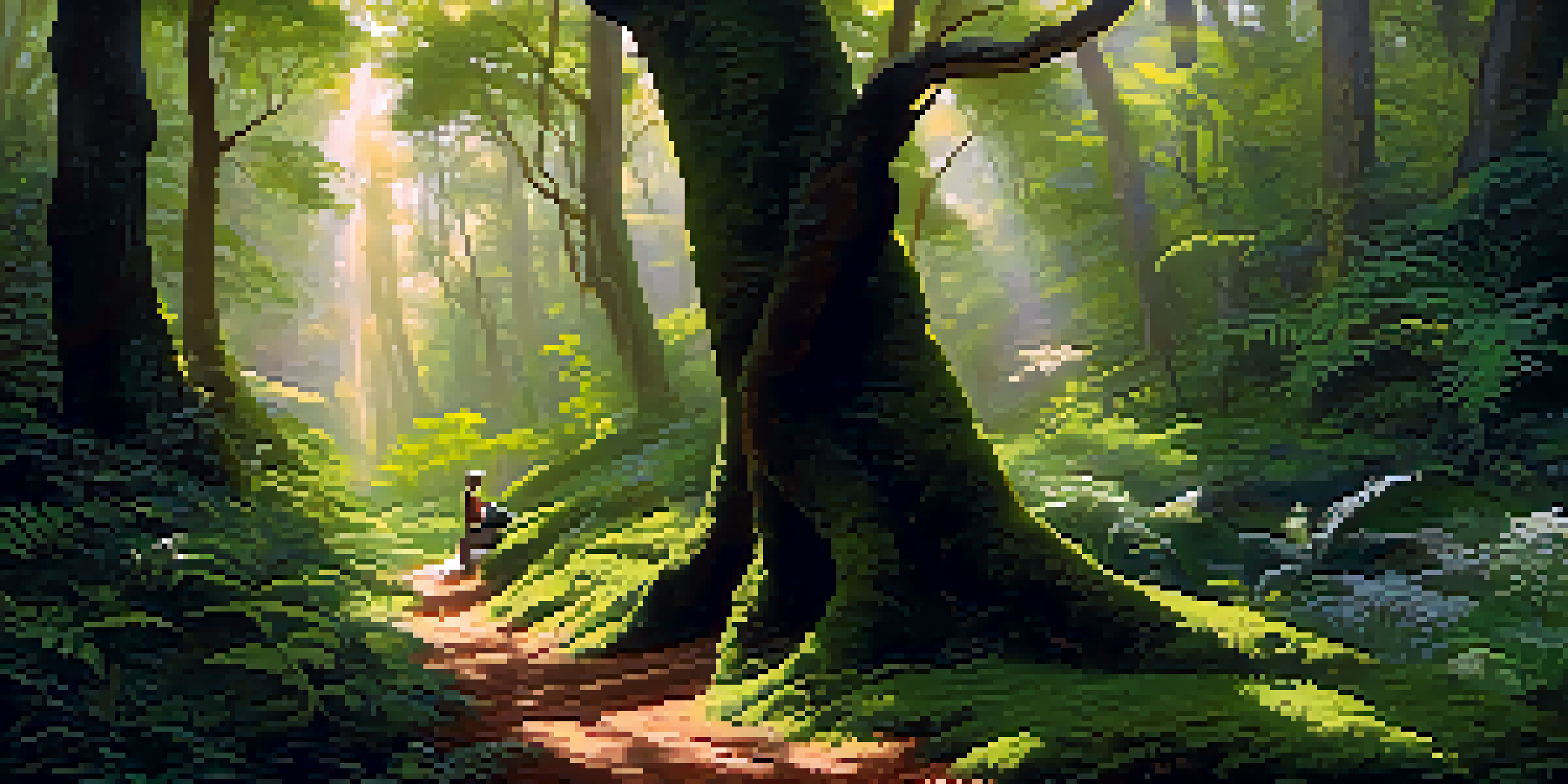 A peaceful forest in Brazil with a person meditating on a mossy patch surrounded by tall trees and colorful flowers, sunlight filtering through the leaves.