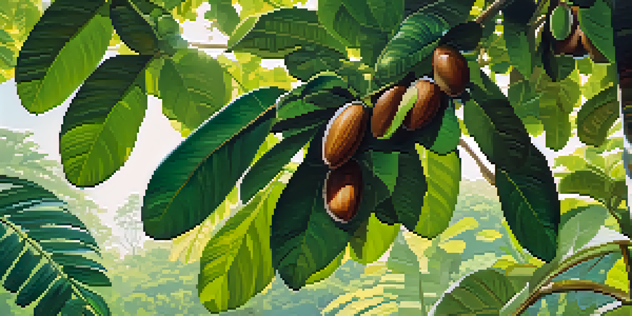A close-up view of a Brazil nut tree with green leaves and clusters of nuts, surrounded by dense rainforest foliage and sunlight.