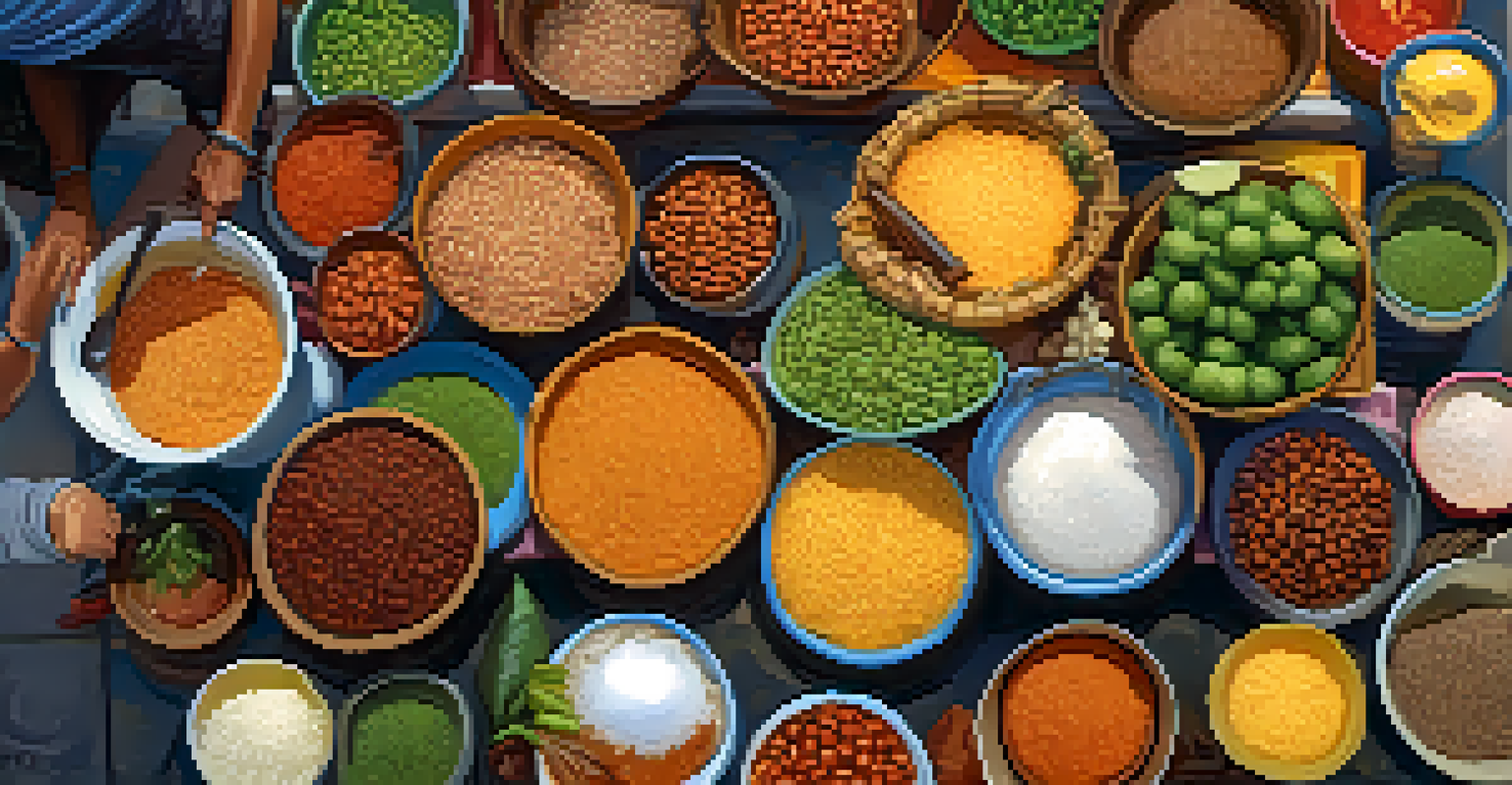 An overhead view of a street food vendor making acarajé with frying black-eyed pea balls and colorful ingredients.