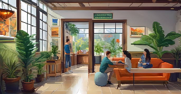 A welcoming hostel reception with friendly staff and vibrant decor, showcasing a safe atmosphere for travelers.