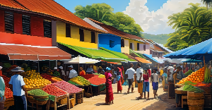 A bustling Brazilian market filled with colorful fruits, vegetables, and indigenous ingredients like açaí berries and manioc, with people shopping and traditional crafts visible.