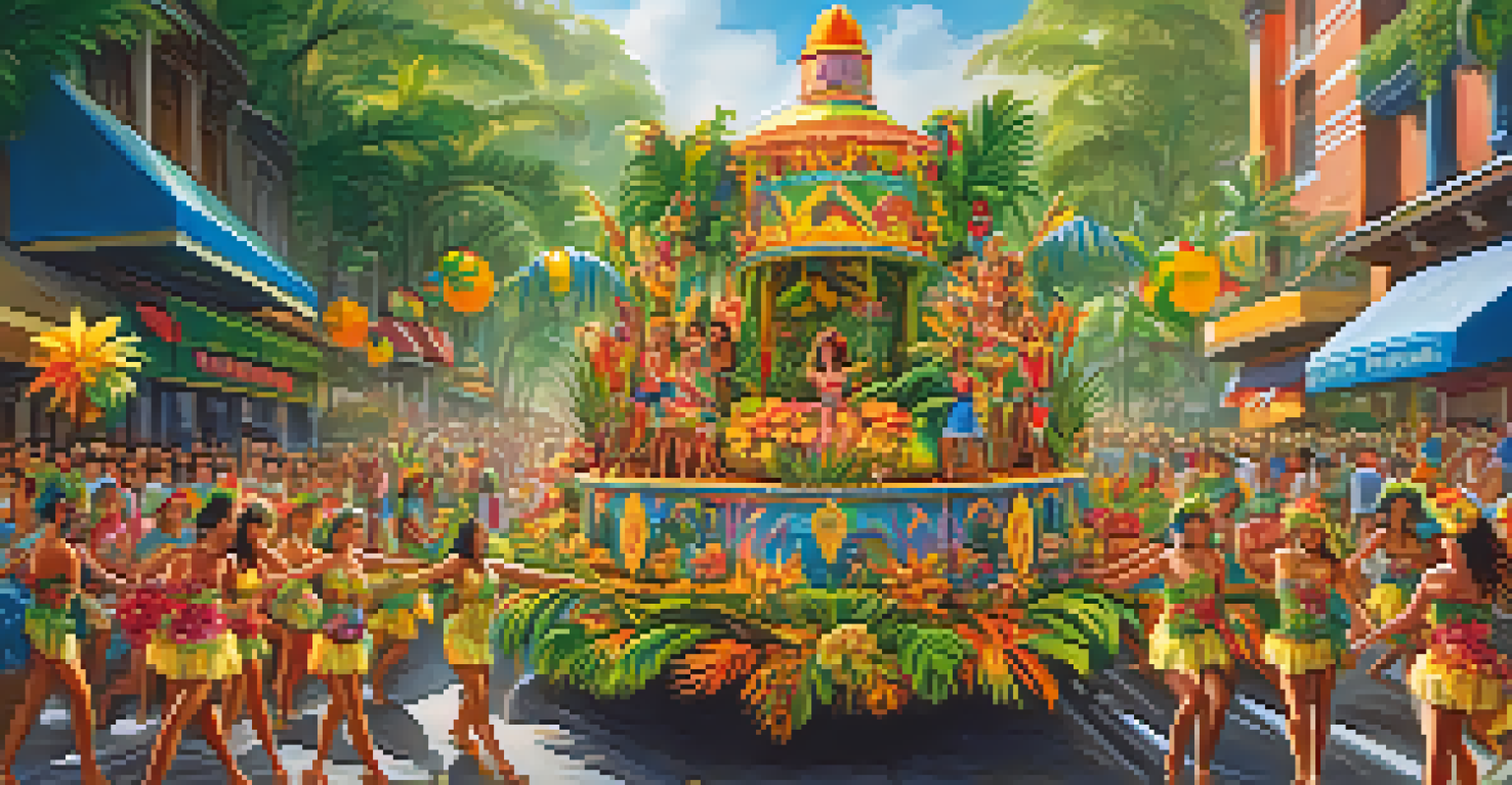 An elaborate samba float decorated with flowers and dancers celebrating nature during Carnaval.