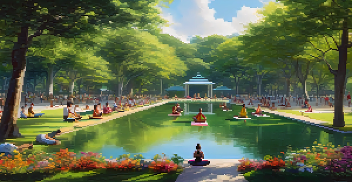 A peaceful urban park in Brazil with people practicing yoga, surrounded by trees, flowers, and a pond with ducks.