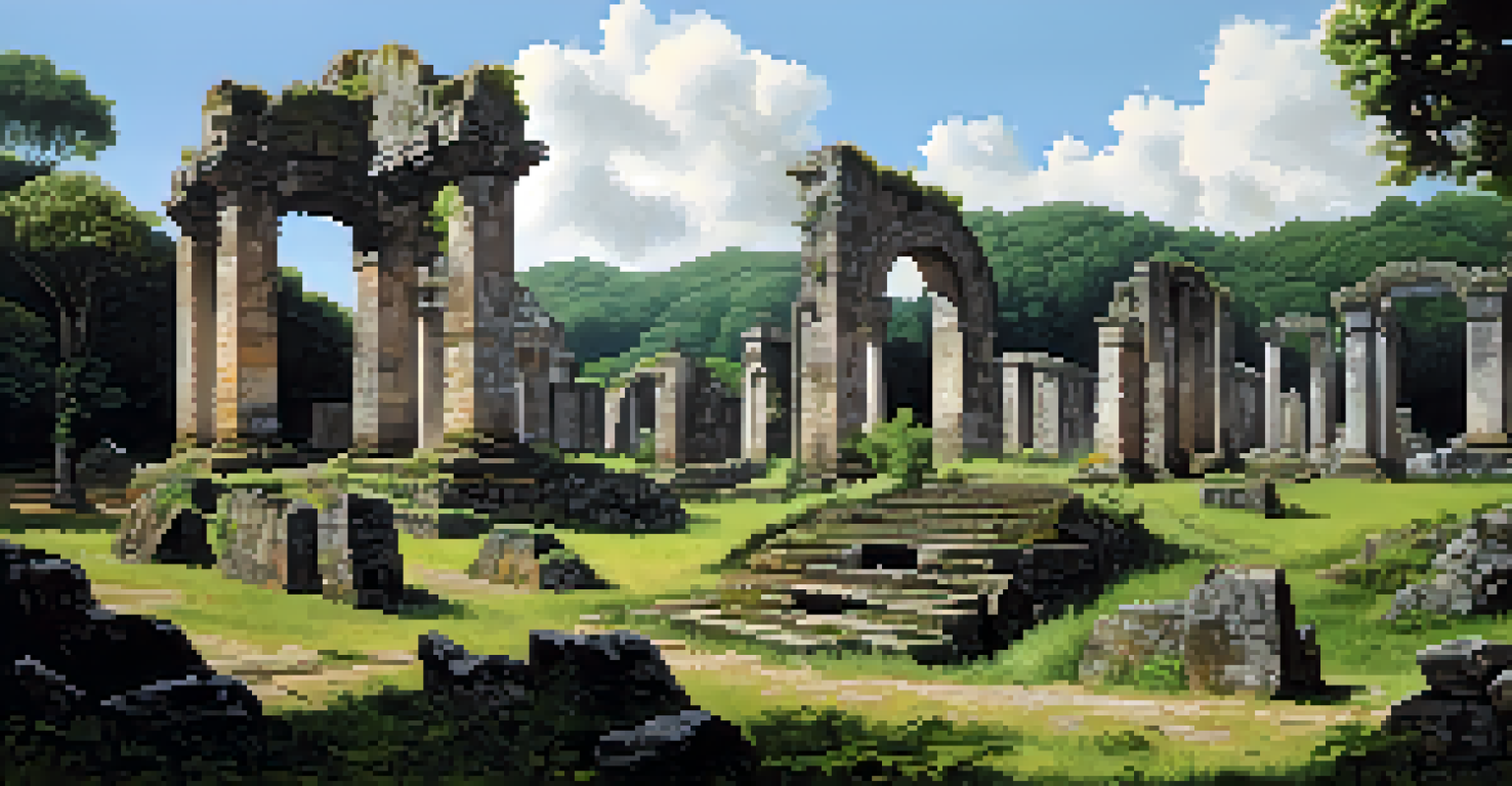 Ruins of São Miguel das Missões with stone structures and greenery under a clear sky, showcasing historical significance.