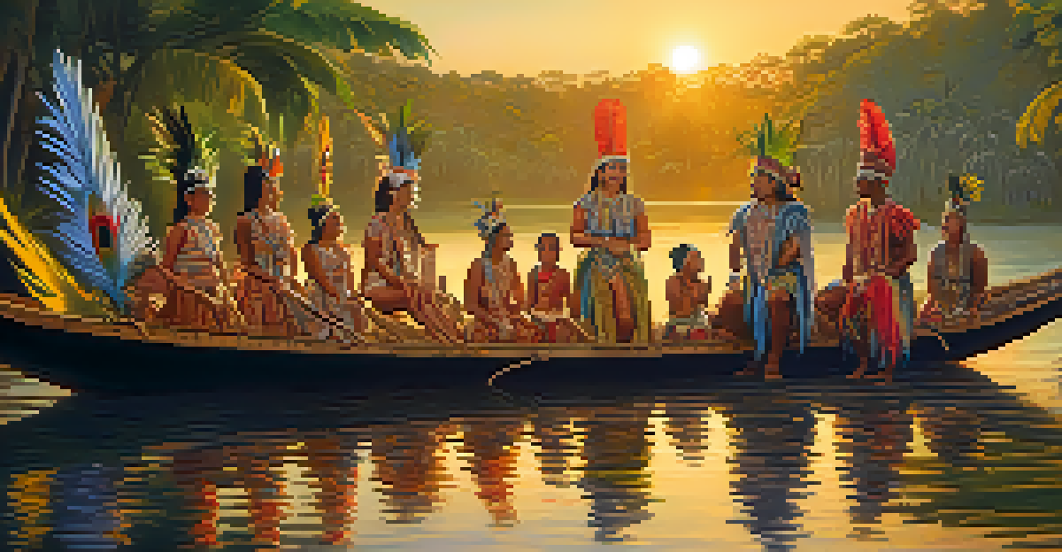 Participants in a traditional Brazilian ceremony wearing elaborate costumes, set against a serene river and rainforest during sunset.