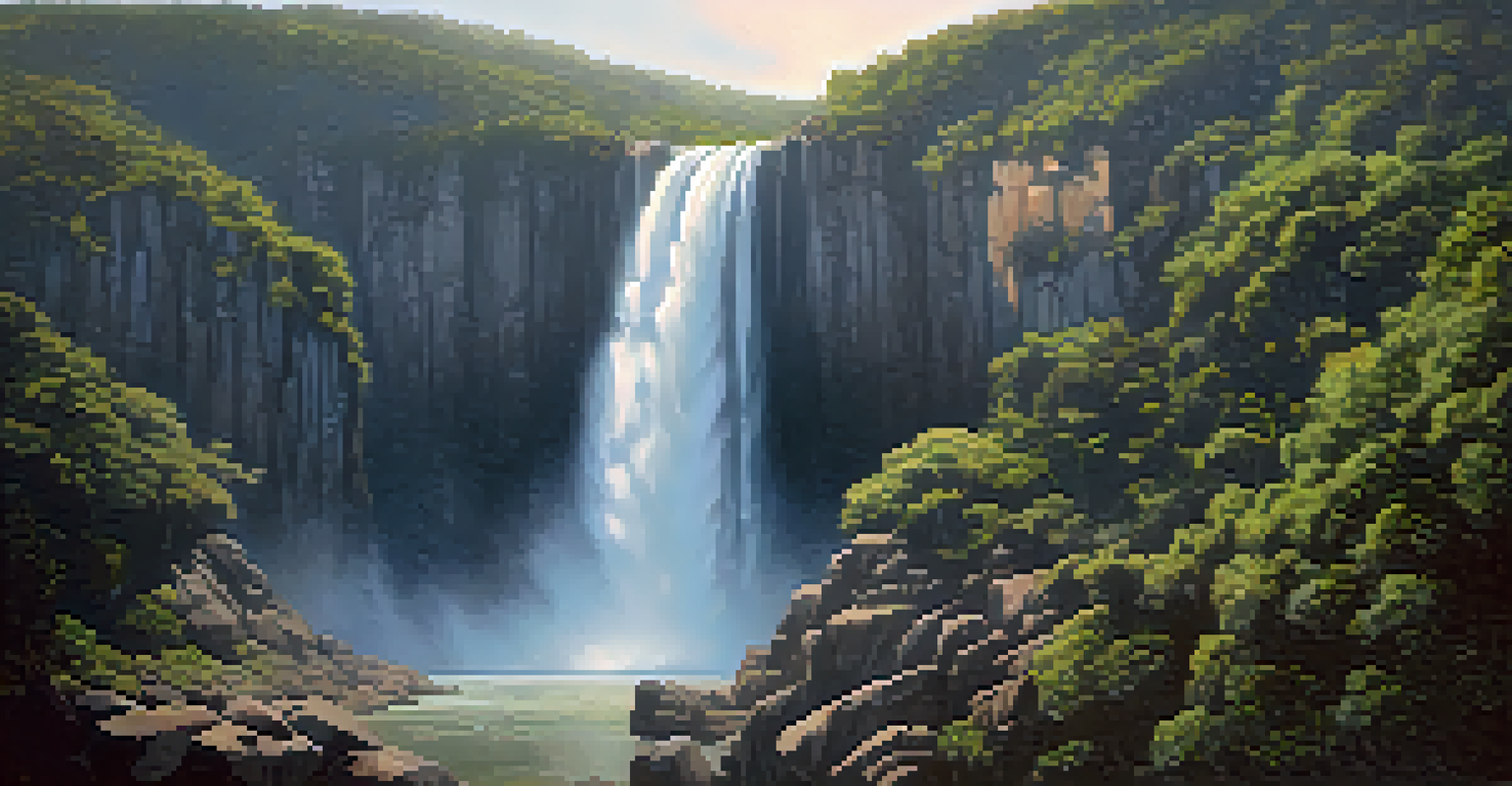 A scenic view of Cachoeira da Fumaça waterfall surrounded by cliffs and mist, illuminated by morning light.