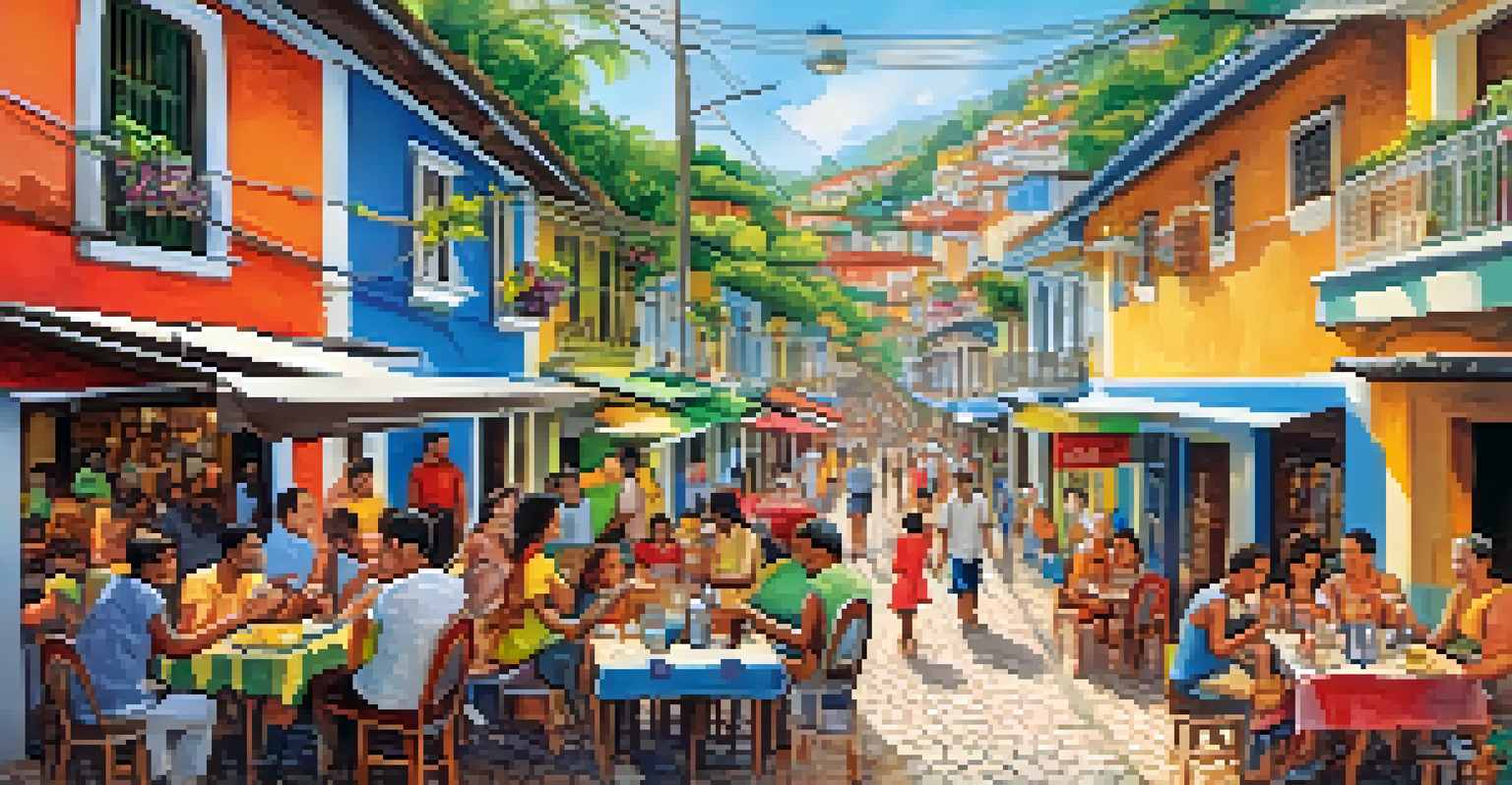 An artistic street in Rio Vermelho, Salvador, with families enjoying murals and local shops in a vibrant atmosphere.