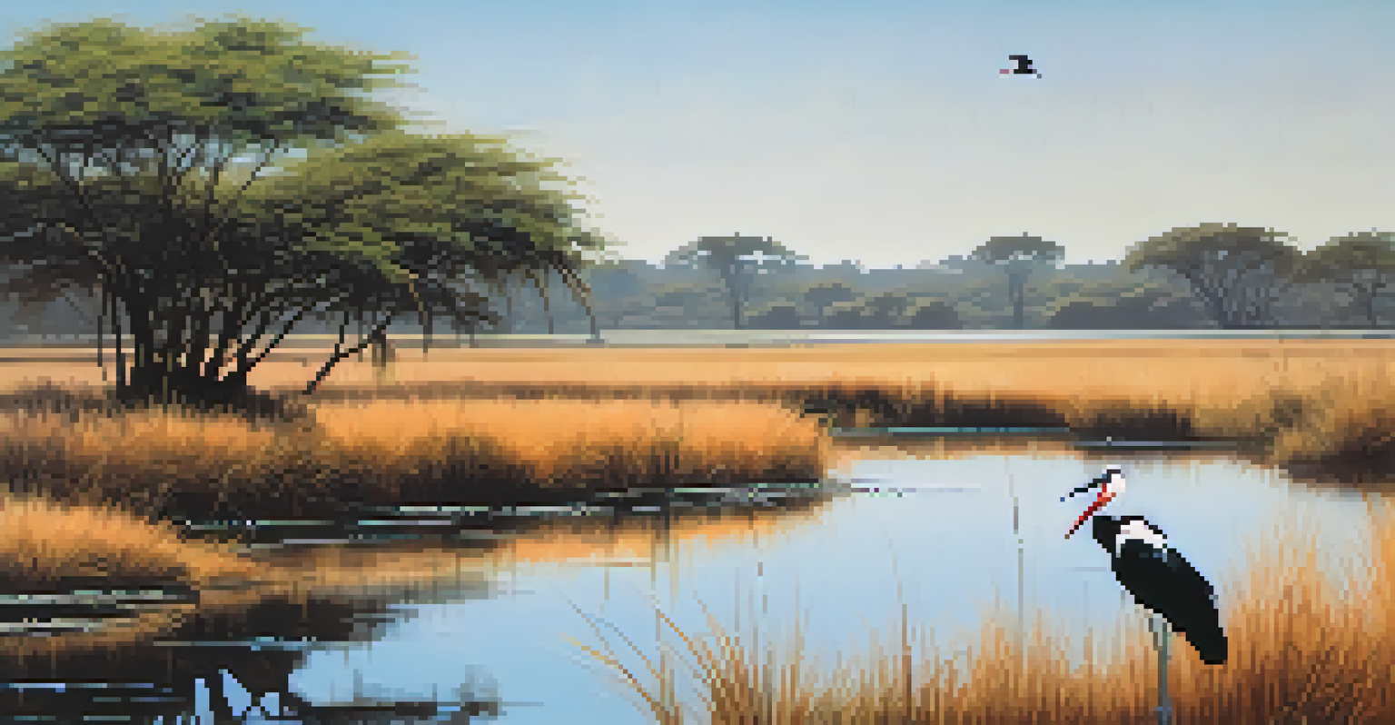 A jabiru stork standing near a pond in the Pantanal wetlands, with clear blue sky reflecting in the water.