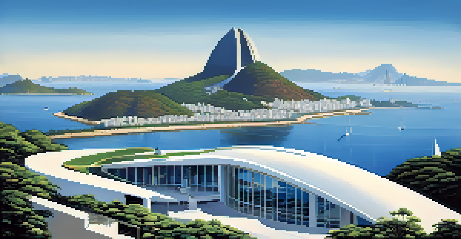 A panoramic view of the Niterói Contemporary Art Museum overlooking Guanabara Bay and Sugarloaf Mountain, showcasing modernist architecture.