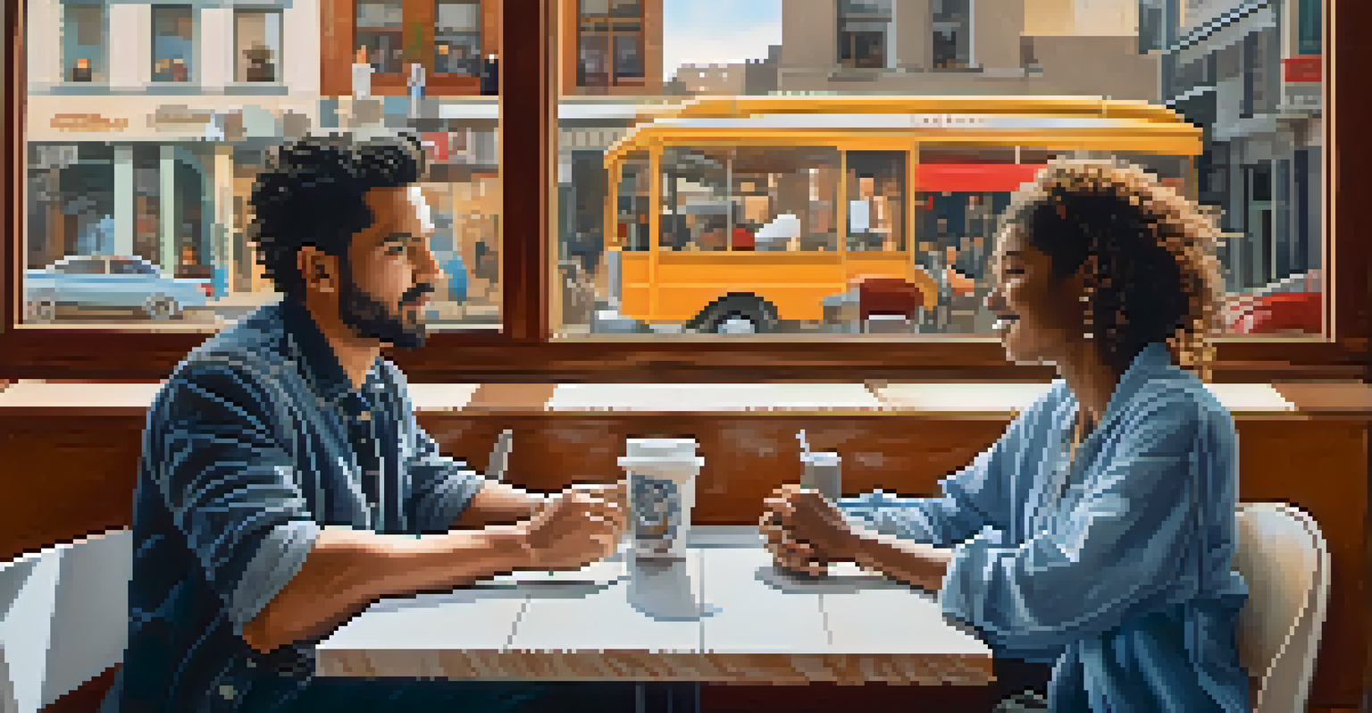 Two individuals from different backgrounds sharing personal stories in a cafe, fostering understanding amidst differing political views.