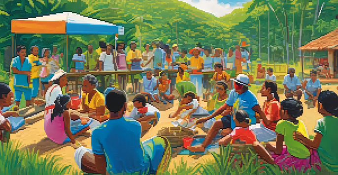 A lively outdoor health workshop in a Brazilian village with community members of all ages participating in activities led by a volunteer.
