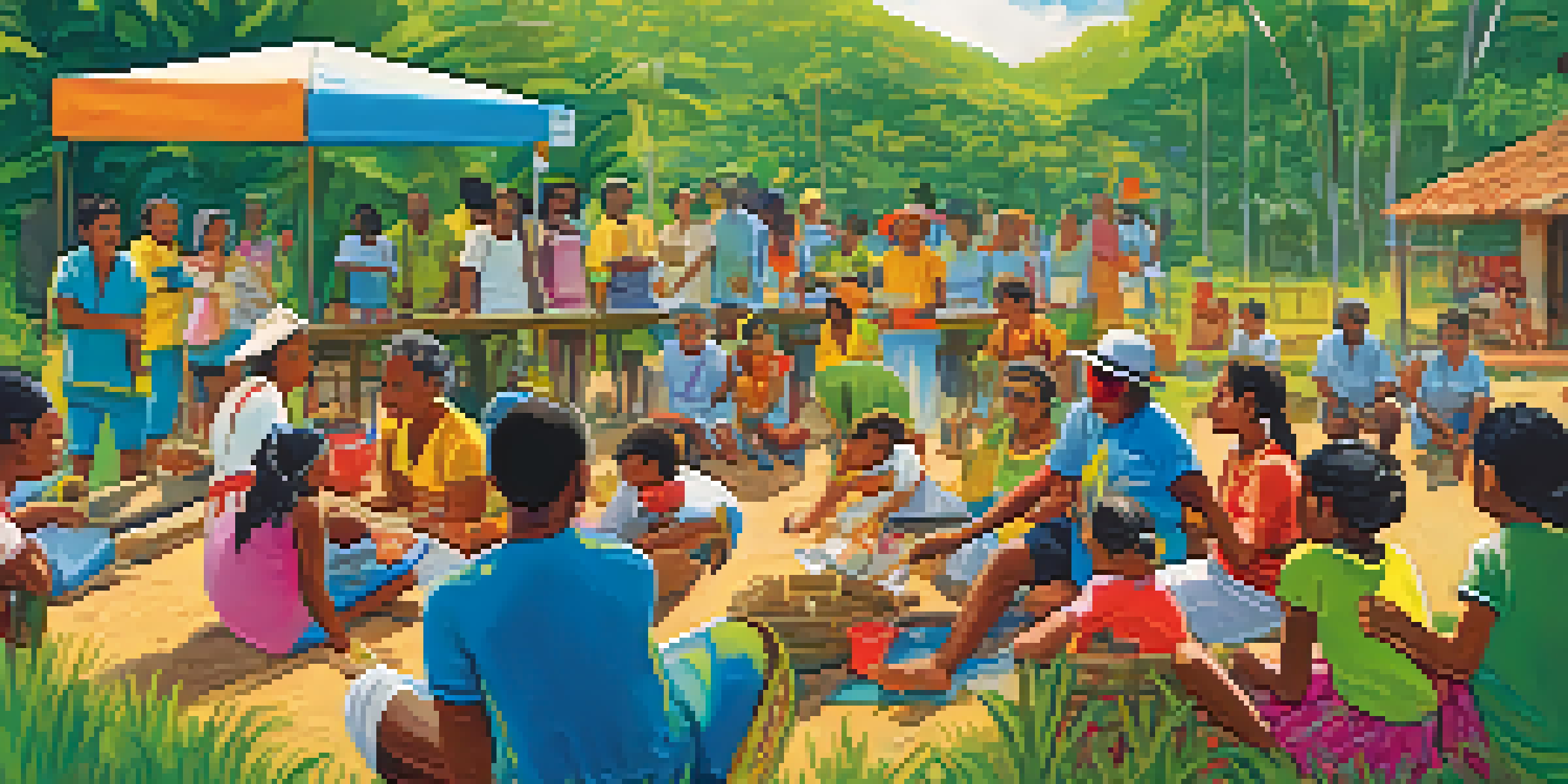 A lively outdoor health workshop in a Brazilian village with community members of all ages participating in activities led by a volunteer.