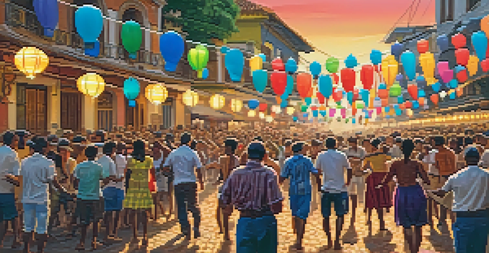 A bustling street scene depicting the São João Festival with people in traditional clothing, colorful decorations, and dancers enjoying the festivities.