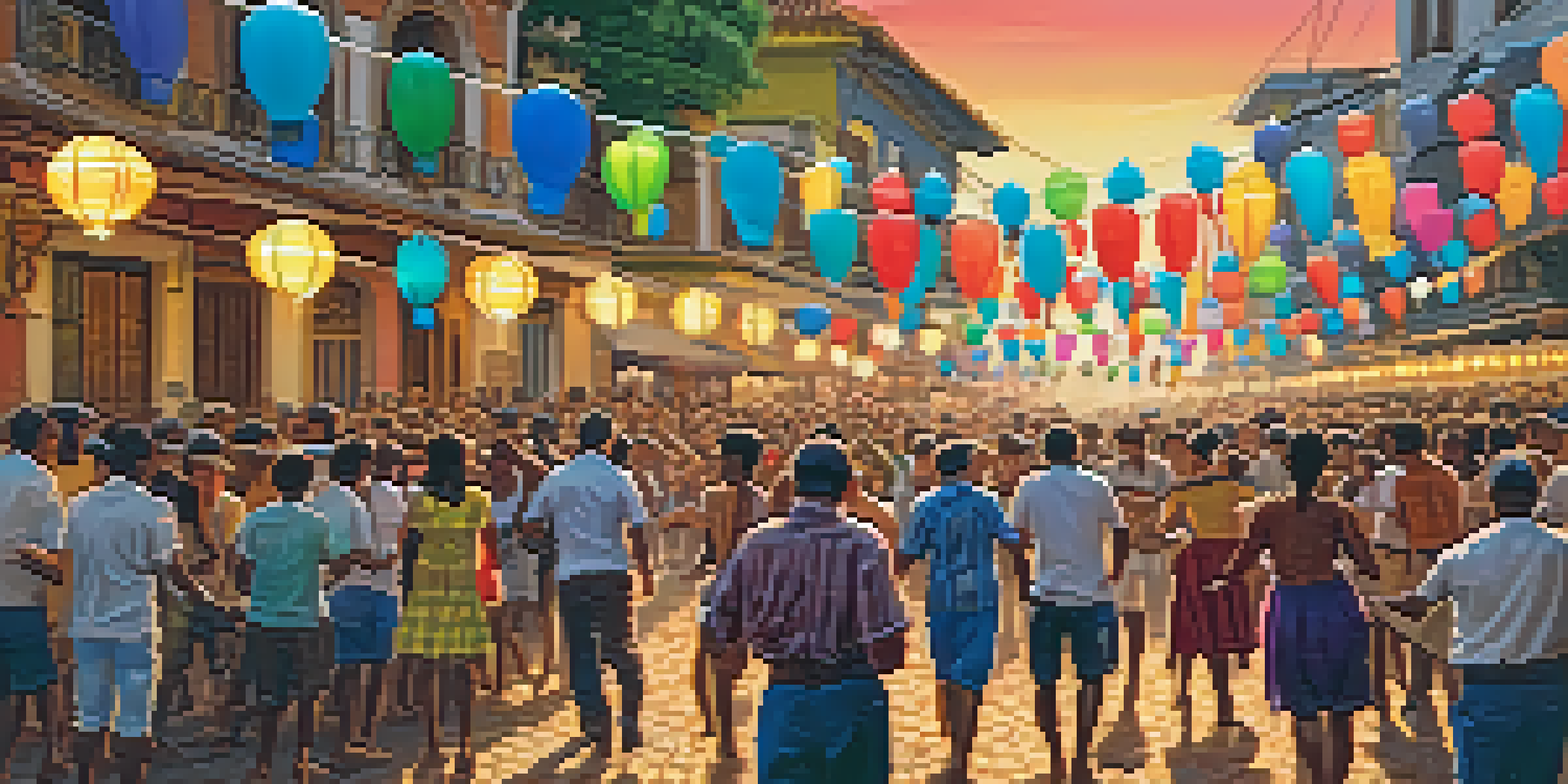 A bustling street scene depicting the São João Festival with people in traditional clothing, colorful decorations, and dancers enjoying the festivities.