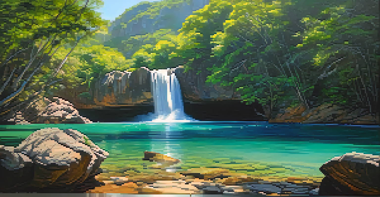 A tranquil view of Cachoeira Santa Bárbara waterfall with clear blue waters and lush surroundings.
