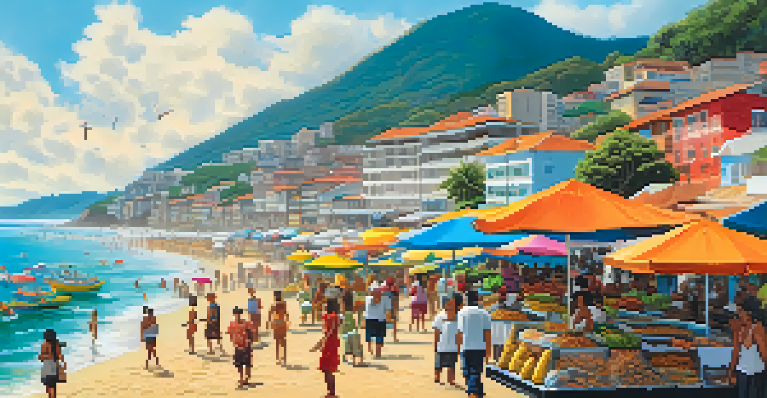 A bustling market in Florianópolis with vendors selling seafood and fruits, set against the backdrop of surfers at Praia Mole beach.