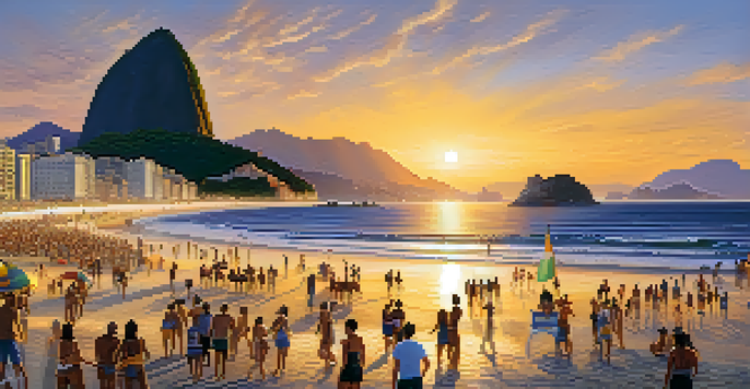 A beautiful sunset at Copacabana beach with people enjoying the beach and the wave-patterned promenade.