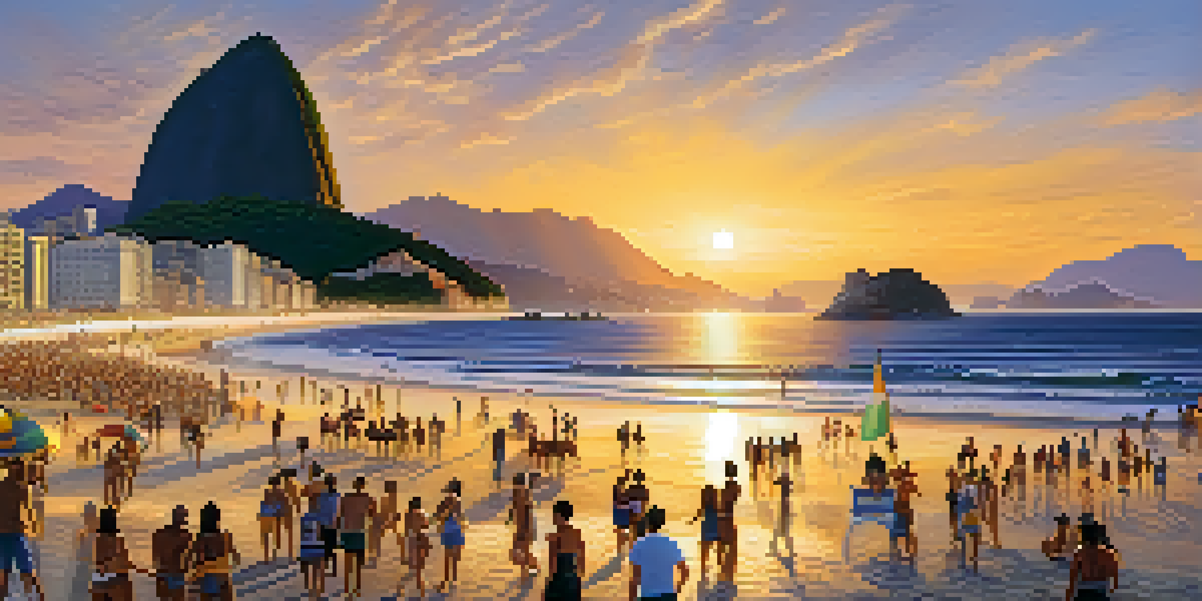 A beautiful sunset at Copacabana beach with people enjoying the beach and the wave-patterned promenade.