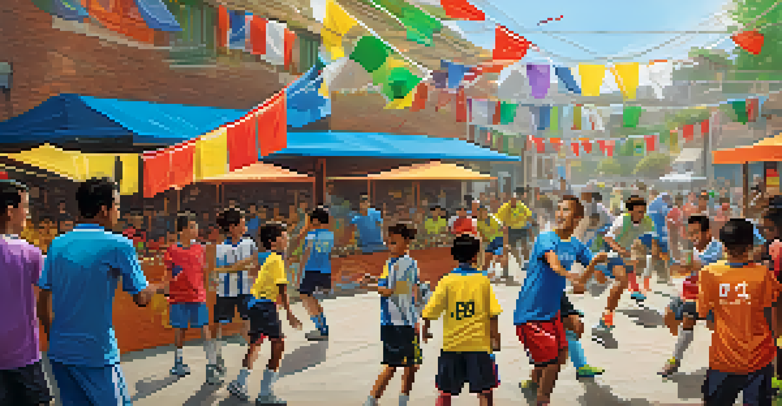 A community futsal tournament in Brazil, featuring diverse teams competing, with families supporting and food stalls creating a festive atmosphere.