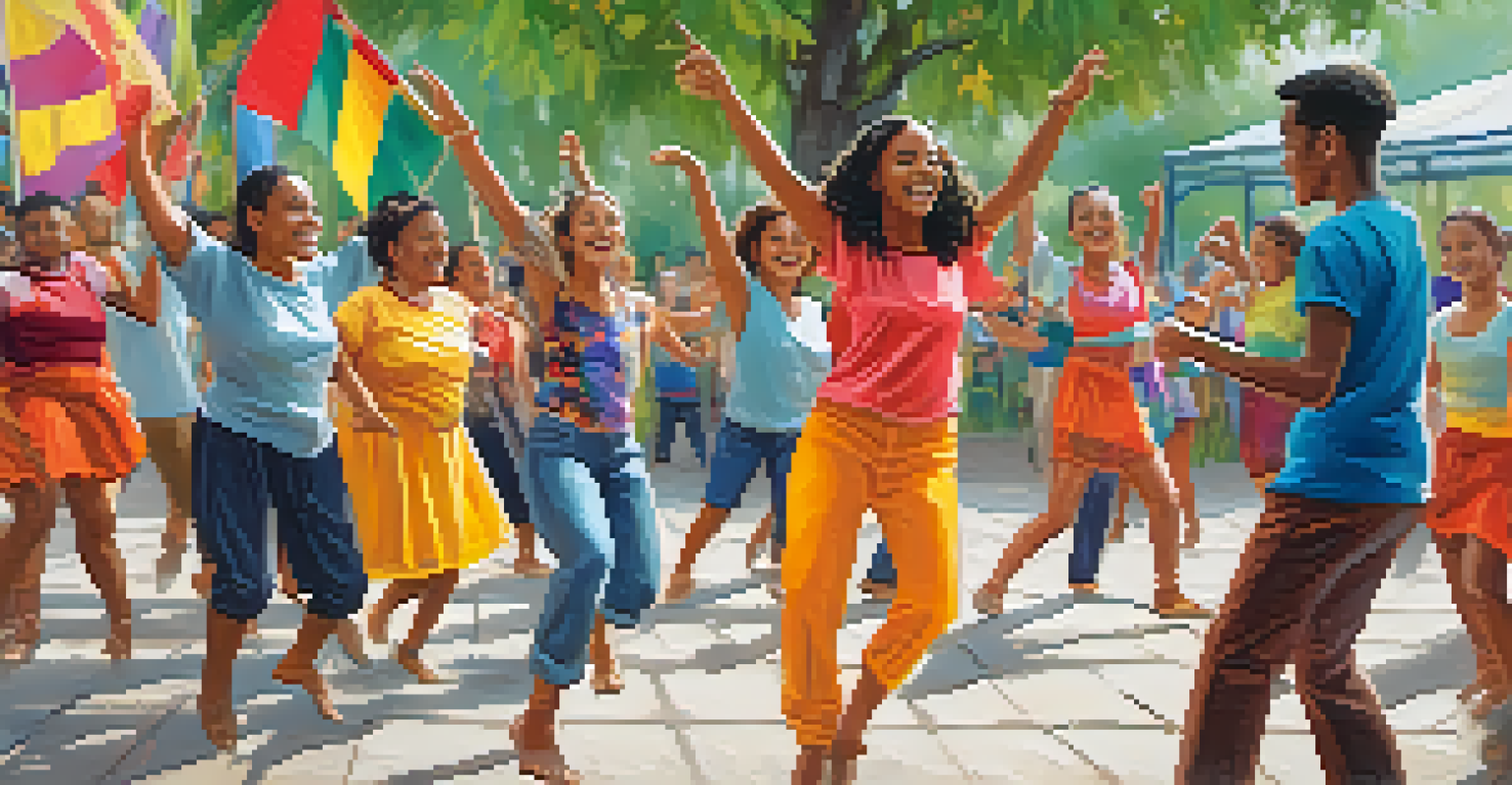 A diverse group of people participating in a colorful forró dance workshop outdoors, with an instructor demonstrating steps and a vibrant atmosphere.