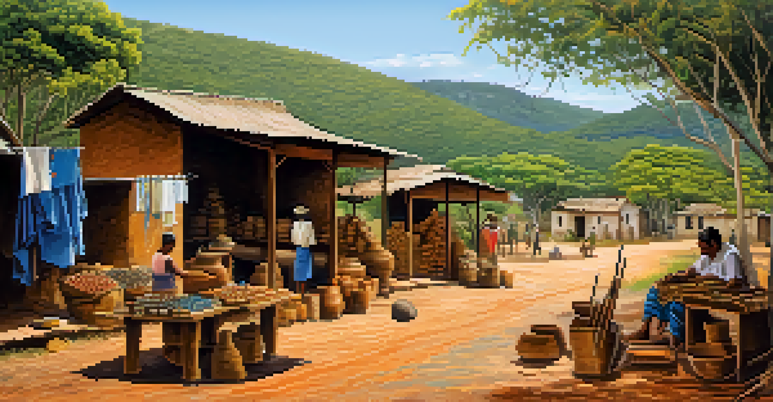 A local artisan working on handicrafts in a vibrant community setting, with colorful materials and rustic buildings in the background.