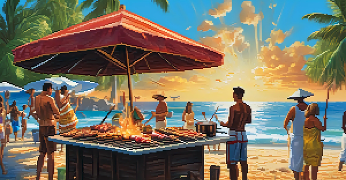 A lively beach barbecue scene with grilled meats on skewers, colorful umbrellas, and people enjoying the sun and ocean.