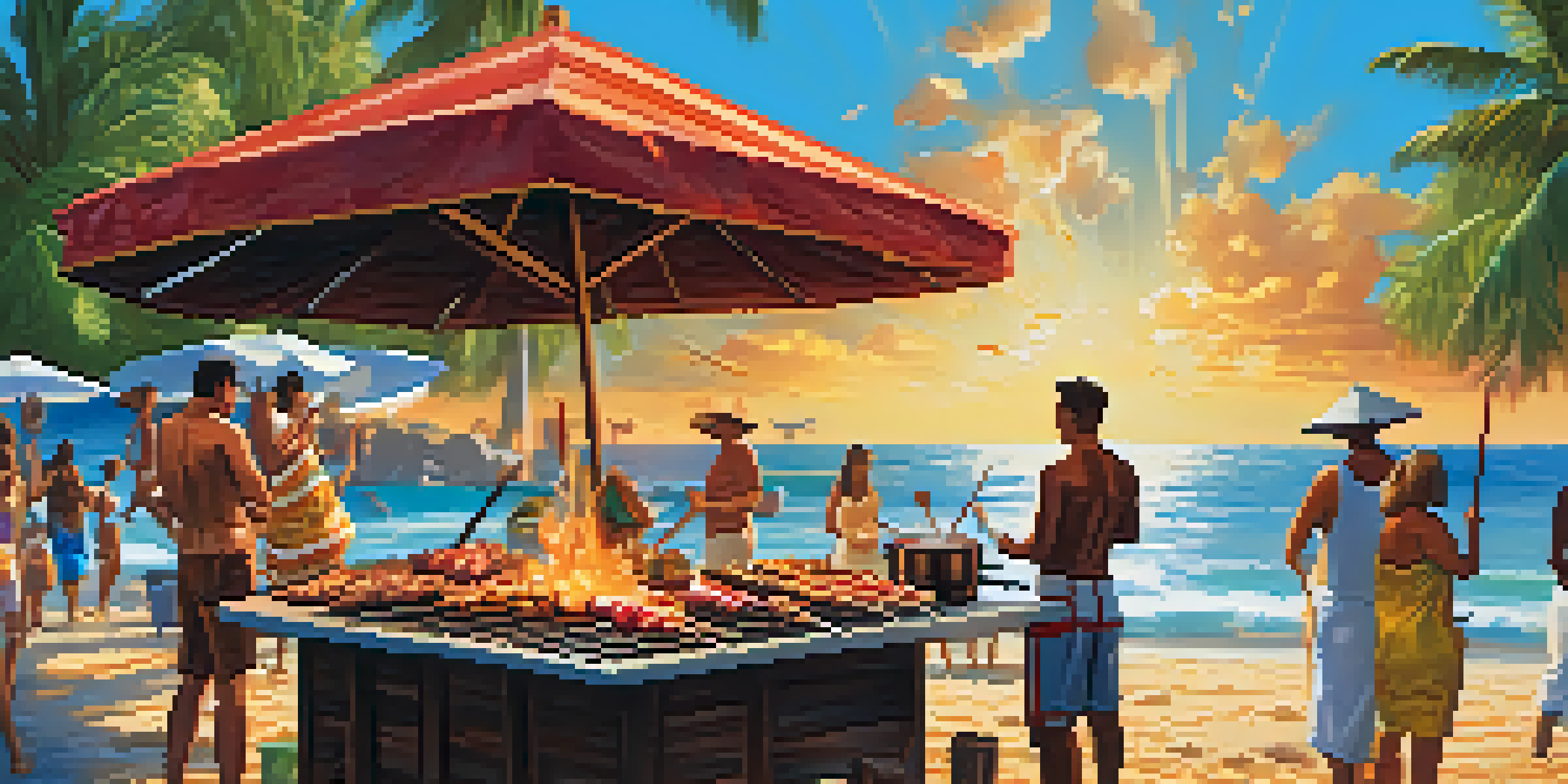 A lively beach barbecue scene with grilled meats on skewers, colorful umbrellas, and people enjoying the sun and ocean.