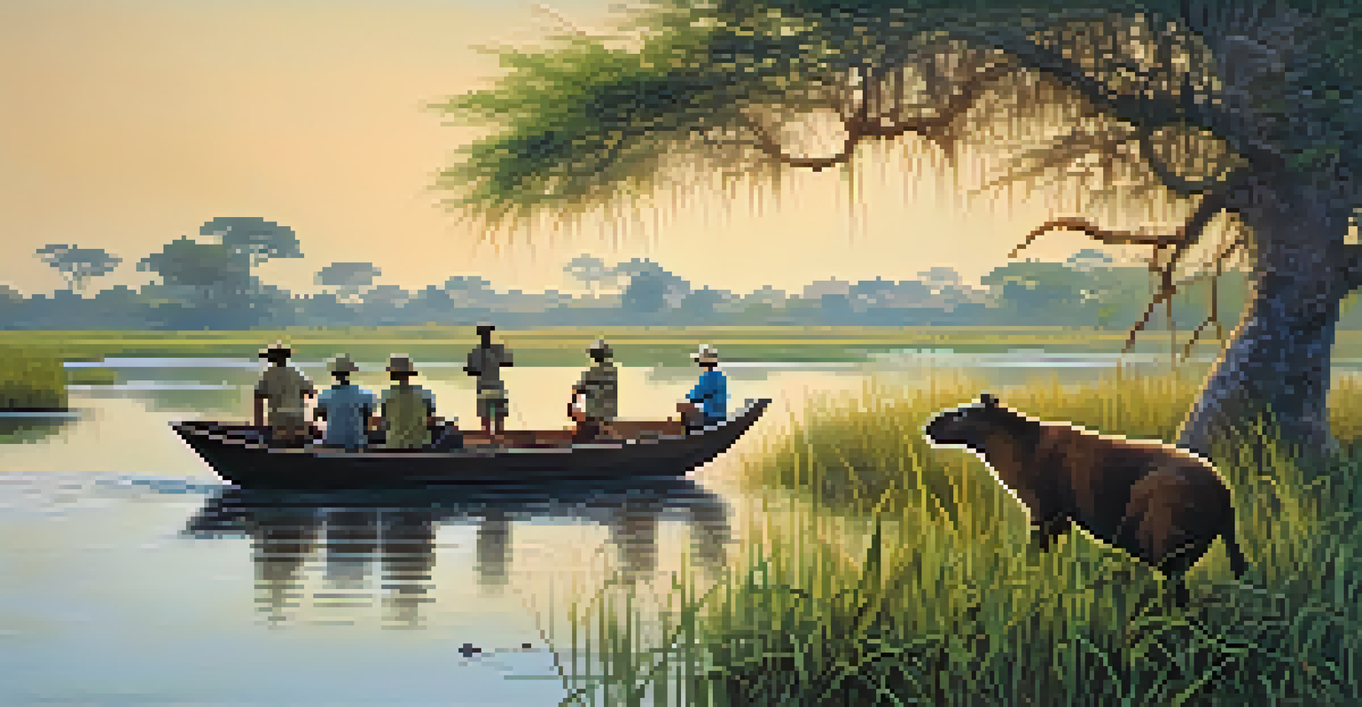 Wildlife in the Pantanal wetlands, featuring capybaras and colorful birds, with a small boat observing from a distance.