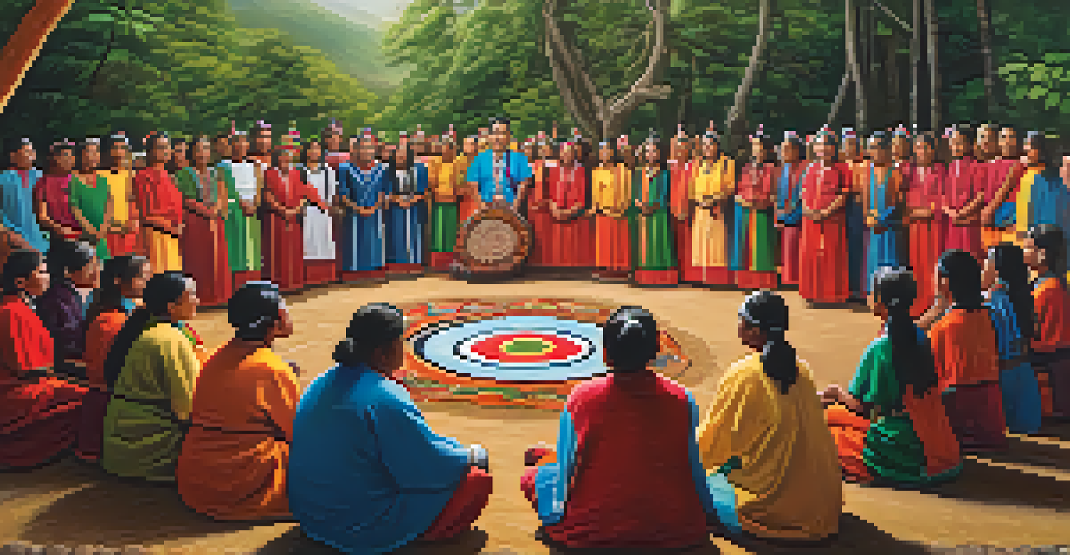 An Indigenous community gathered in a ceremonial setting, engaging in music and dance, surrounded by nature and colorful decorations.