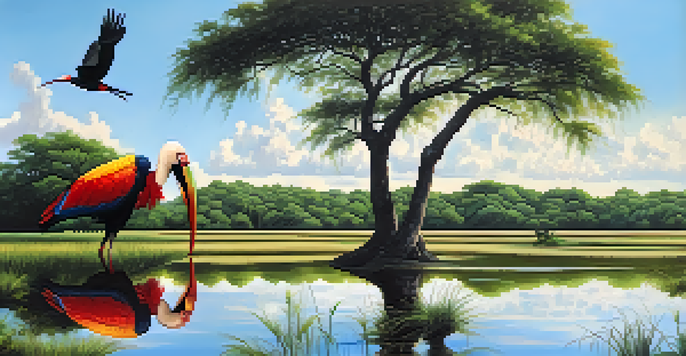 A wide view of the Pantanal wetlands displaying colorful birds and lush greenery under a blue sky.