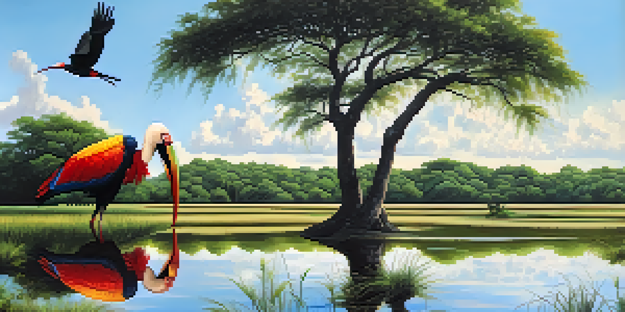 A wide view of the Pantanal wetlands displaying colorful birds and lush greenery under a blue sky.