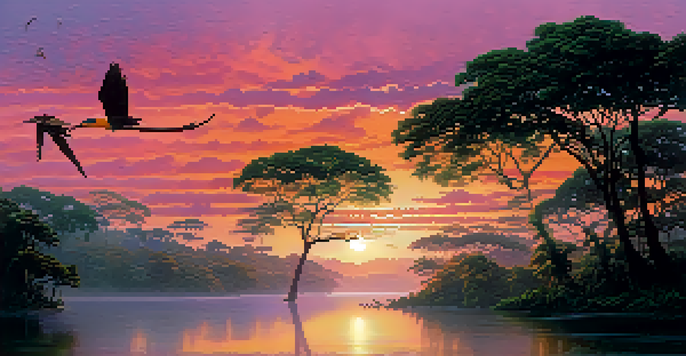A sunrise view of the Amazon Rainforest, featuring towering trees and a misty river reflecting colorful skies.