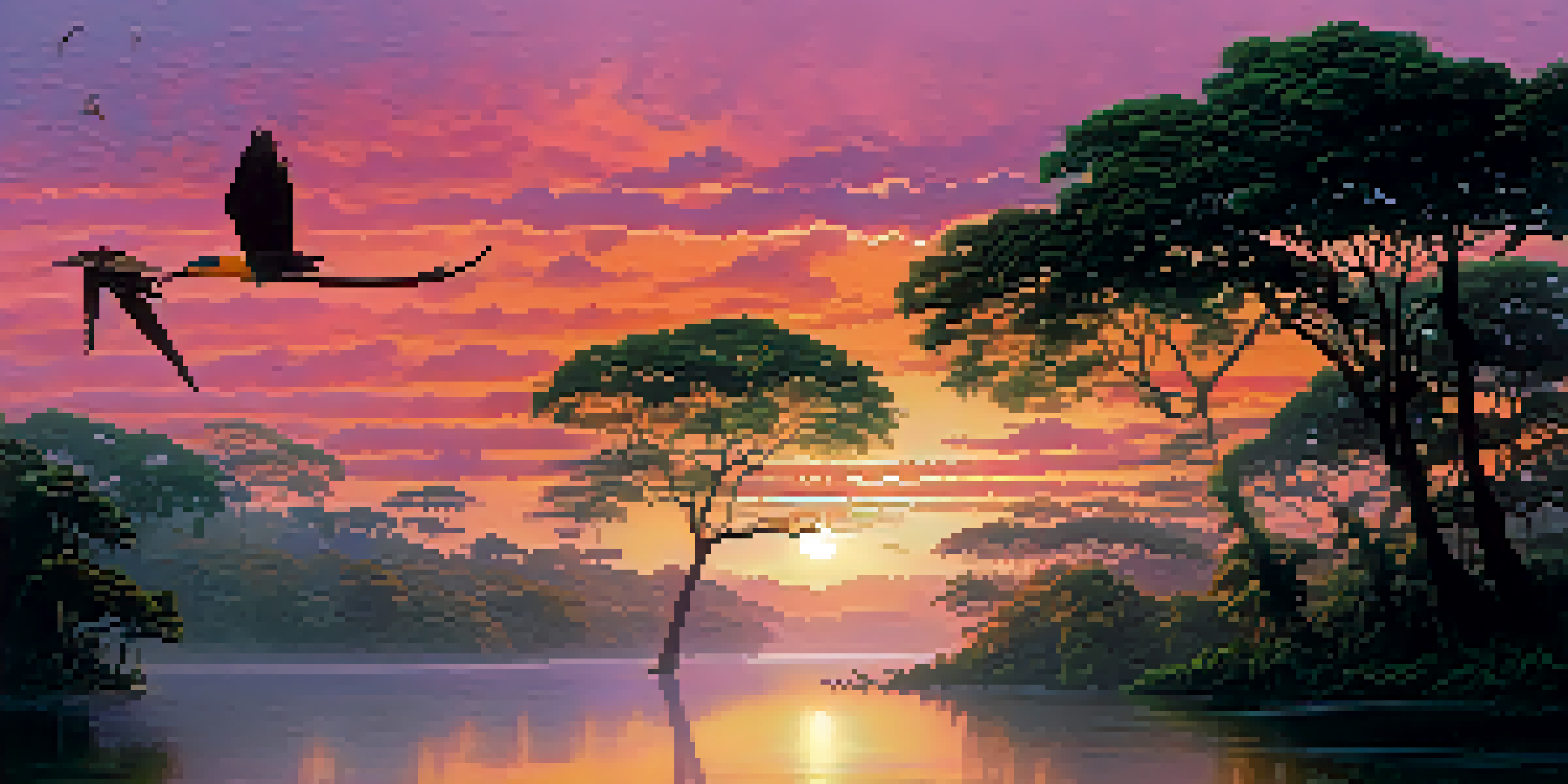 A sunrise view of the Amazon Rainforest, featuring towering trees and a misty river reflecting colorful skies.