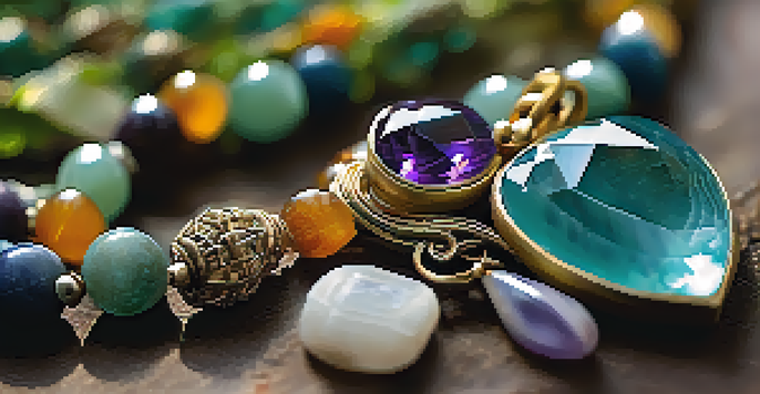 A detailed view of a colorful handcrafted Brazilian necklace with gemstones and natural materials against a blurred rainforest background.