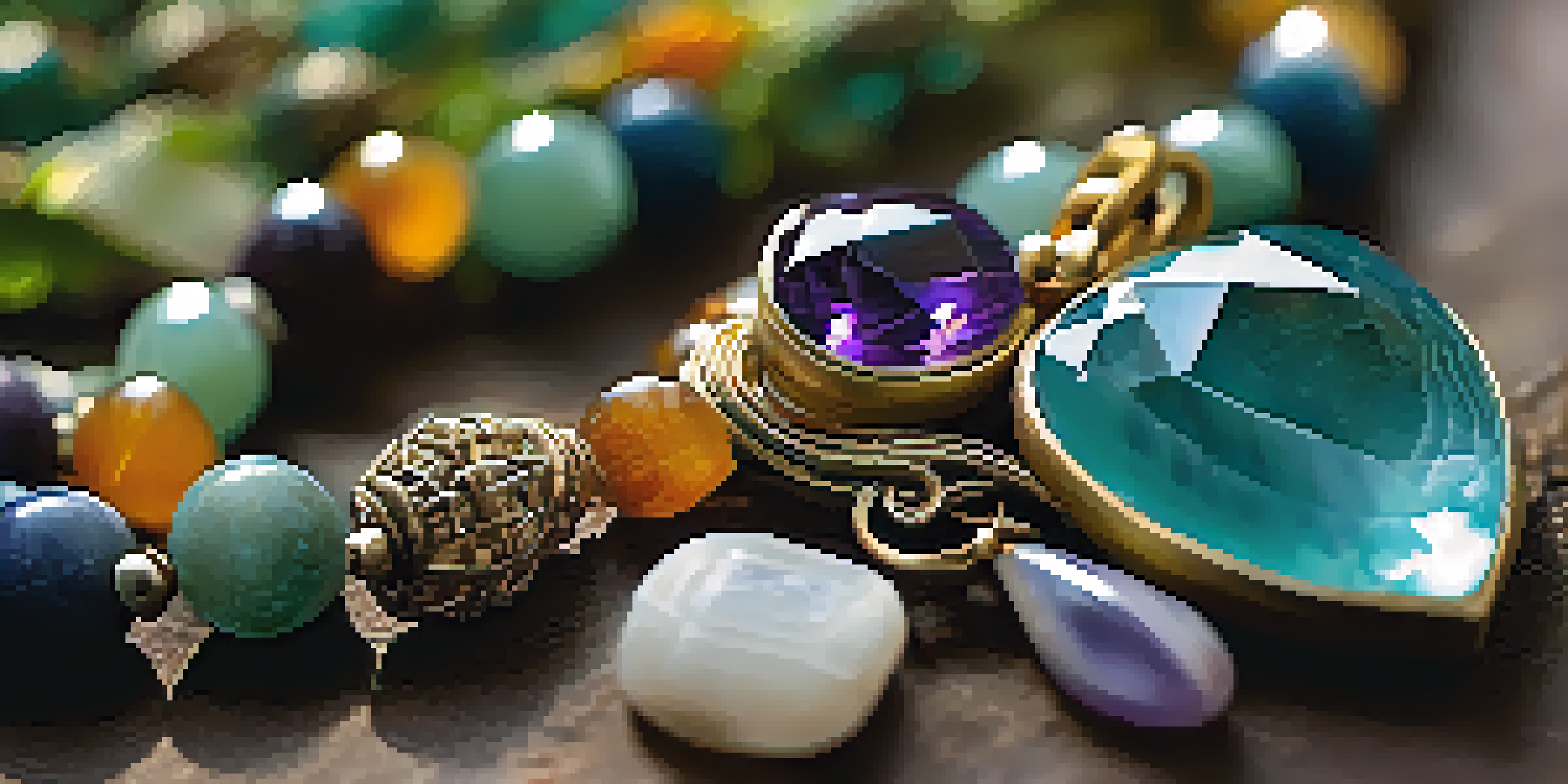 A detailed view of a colorful handcrafted Brazilian necklace with gemstones and natural materials against a blurred rainforest background.