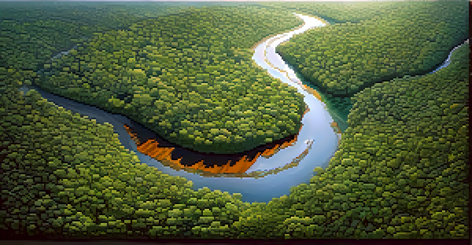 Aerial view of the lush Amazon rainforest with winding rivers and sunlight filtering through the trees.