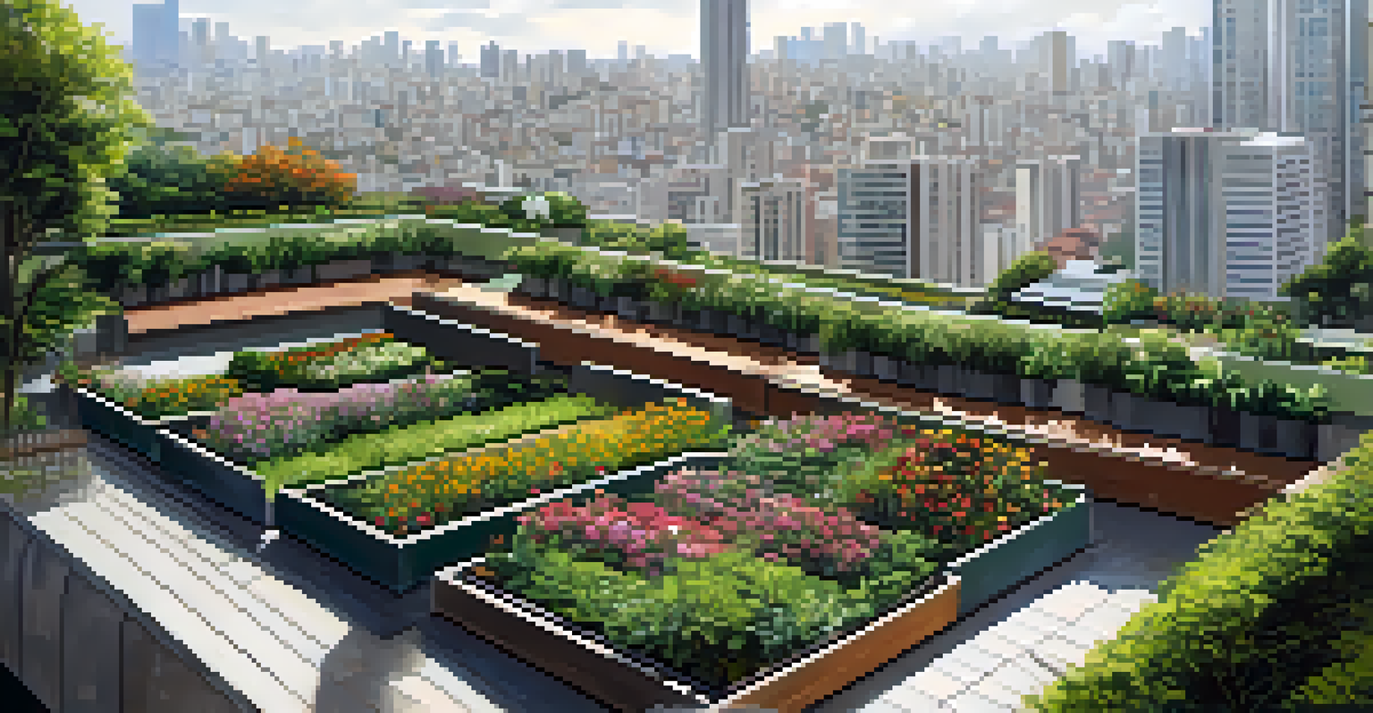 Aerial view of a rooftop garden in a Brazilian city, filled with plants and seating, surrounded by skyscrapers.
