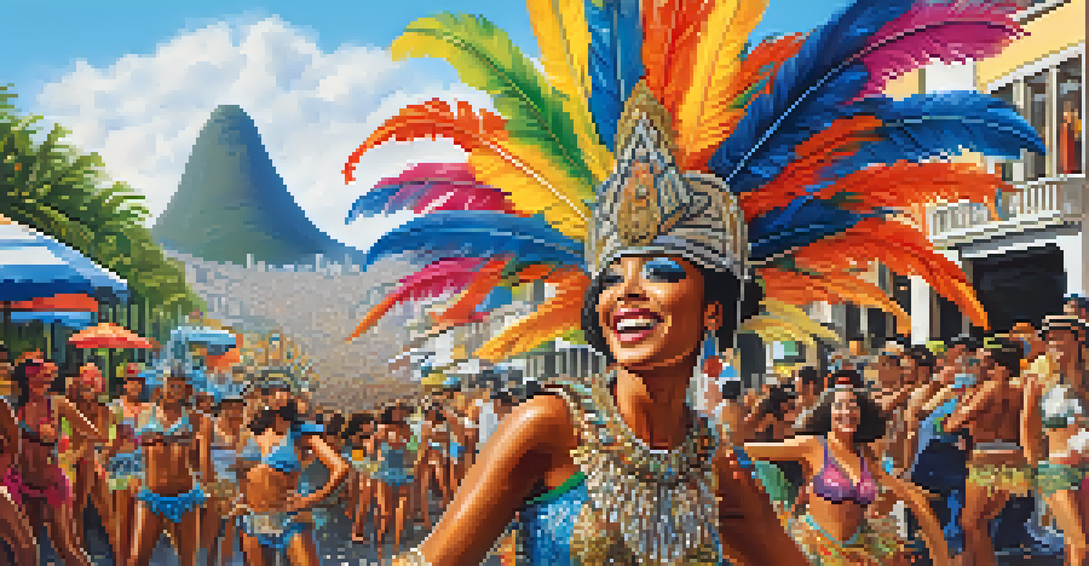 A bustling Rio de Janeiro Carnival scene with dancers in colorful costumes, iconic landmarks in the background, and crowds enjoying the festivities.
