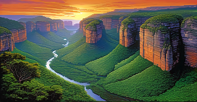 A stunning sunset over Chapada Diamantina, showcasing dramatic cliffs, a waterfall, and vibrant skies.