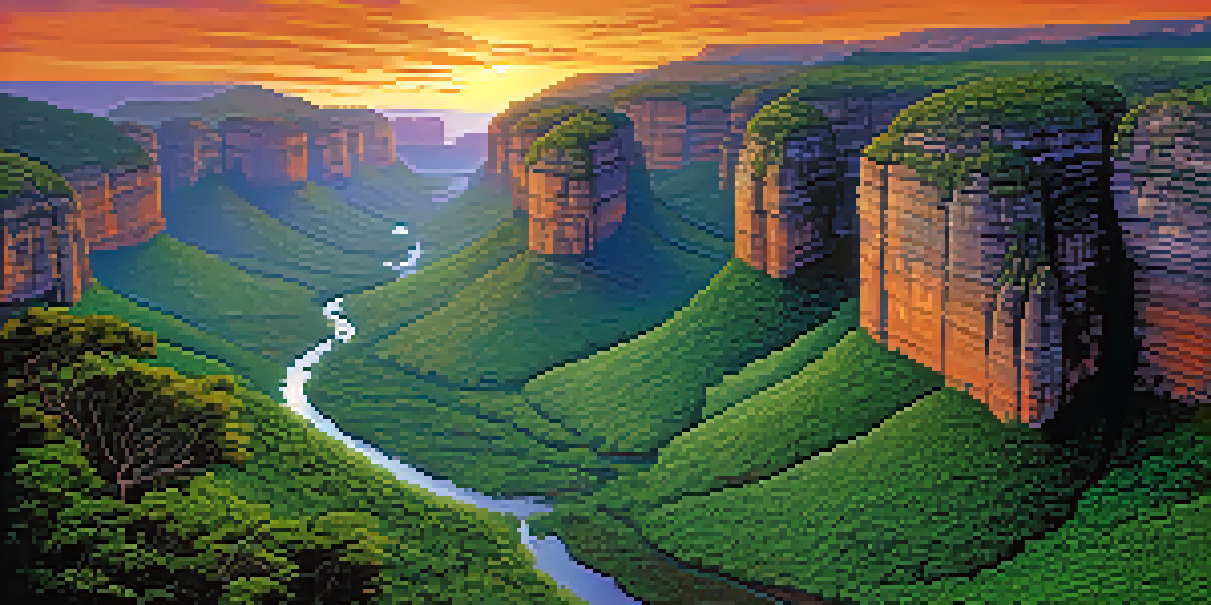 A stunning sunset over Chapada Diamantina, showcasing dramatic cliffs, a waterfall, and vibrant skies.