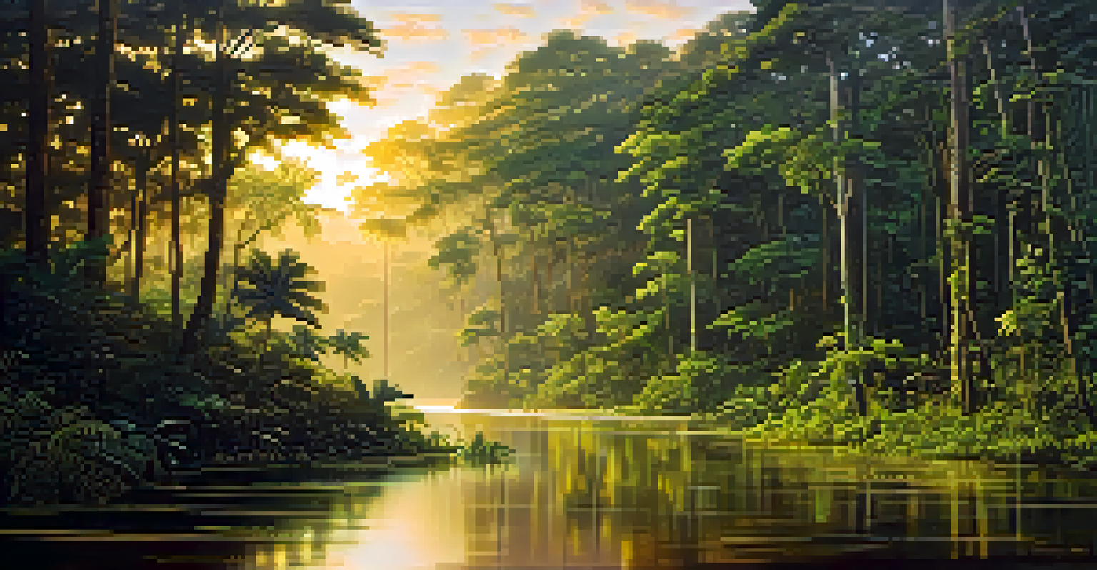 A stunning sunrise view of the Amazon rainforest, with lush greenery and a winding river reflecting the morning light.