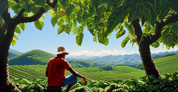 A farmer tending to a Brazilian coffee plantation with rows of coffee plants and trees under a blue sky.
